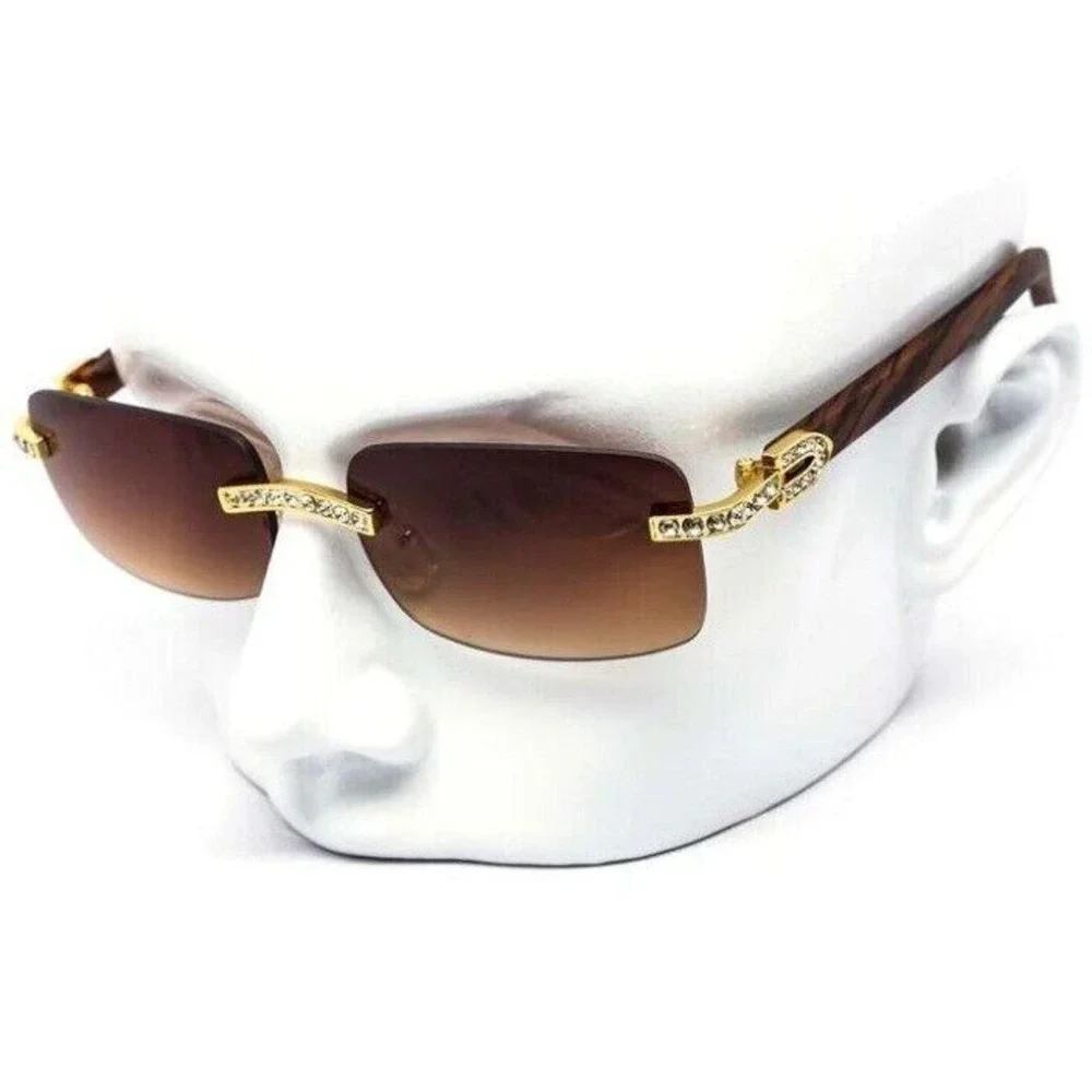 Rimless Sunglasses Gold Rhinestone Wood Arms Brown Lens Men Hip Hop Square Style